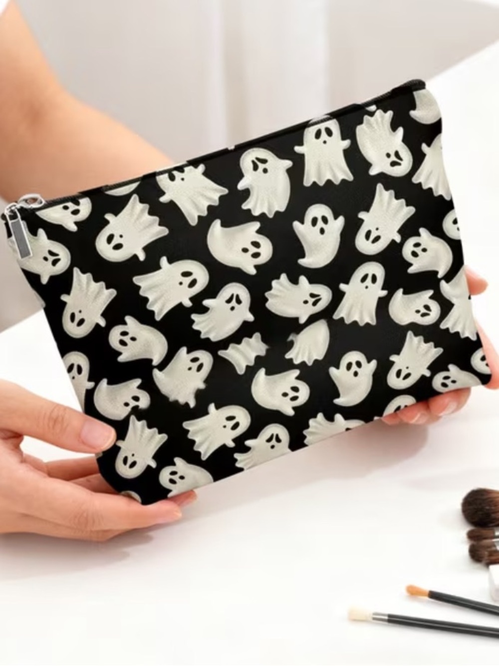 Ghost Halloween Themed Print Cosmetic Pouch in Black & White